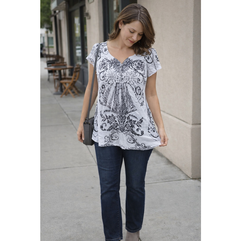 Womens M Printed Tunic Top V Neck Button Front White Black Blouse Y2K Nostalgic